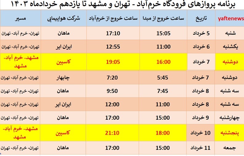 برنامه پرواز‌های فرودگاه خرم‌آباد – تهران و مشهد تا یازدهم خرداد ماه ۱۴۰۳